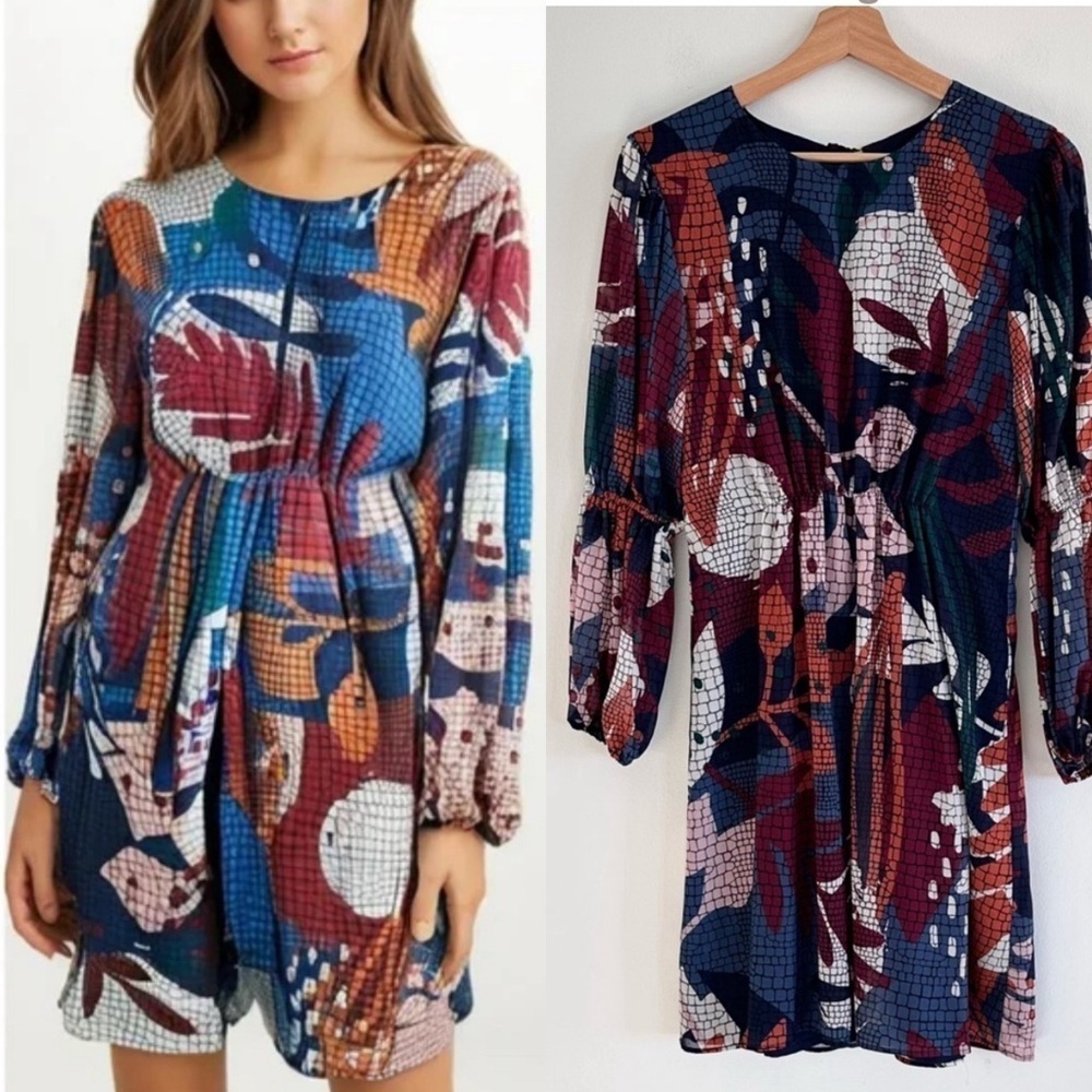 Anthropologie Hutch Design dark abstract print chiffon long sleeve dress NWT